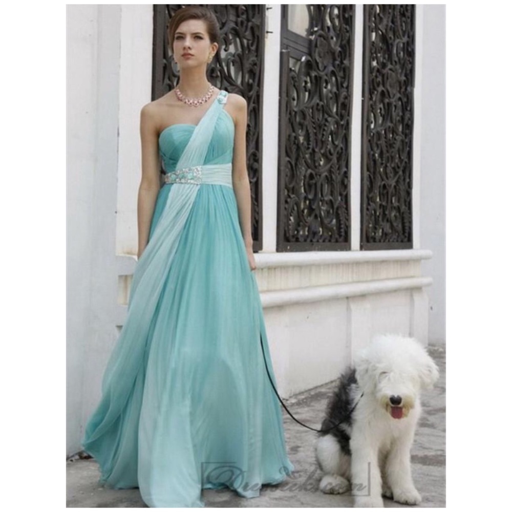 Coniefox Aqua asymmetric off shoulder dress
